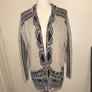 Lucky Brand Womens XL Beige/Blue Geometric Knit Open Front Cardigan Pockets BOHO